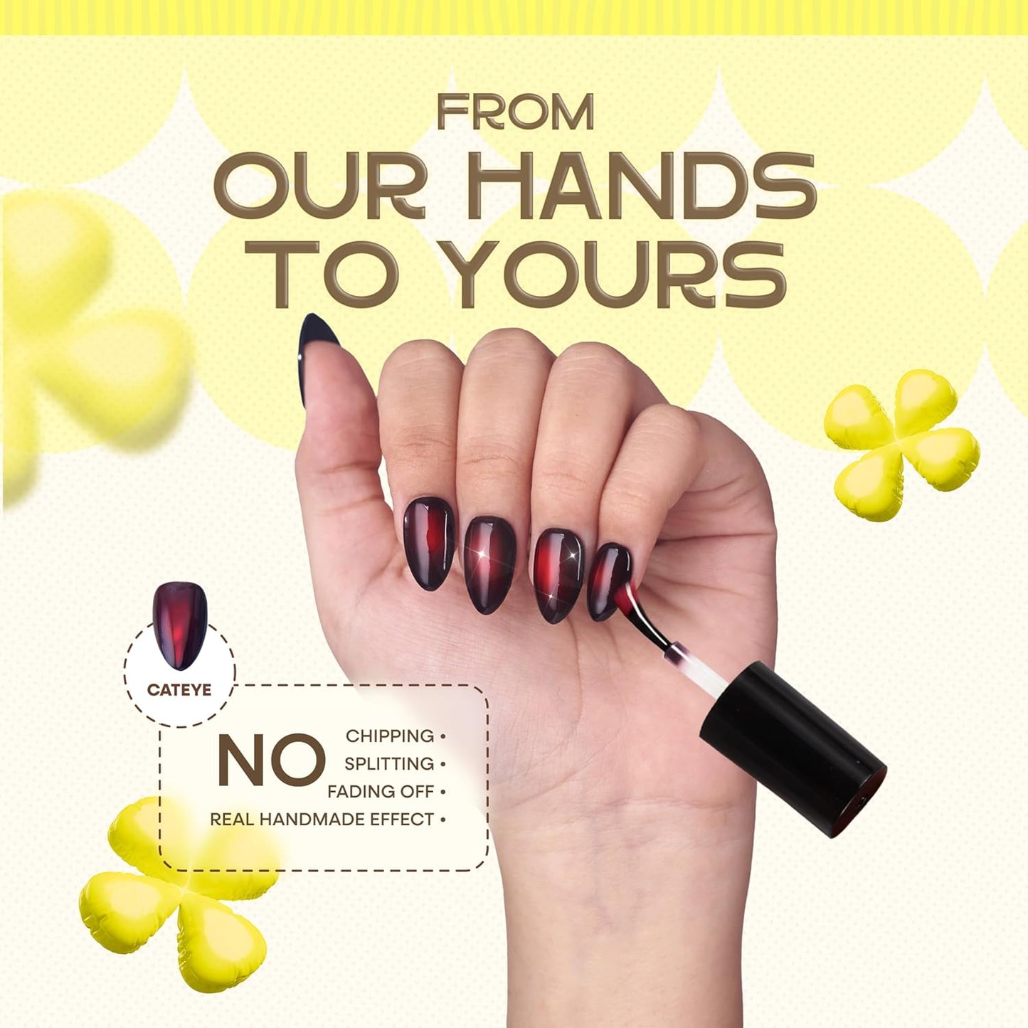 Press On Nails Short Almond - Handmade Cat Eye Soft Gel in Dark Black Red | 26 Reusable Nail Tips with Lamp-Curable Glue for Glam Valentine Wedding Manicure
