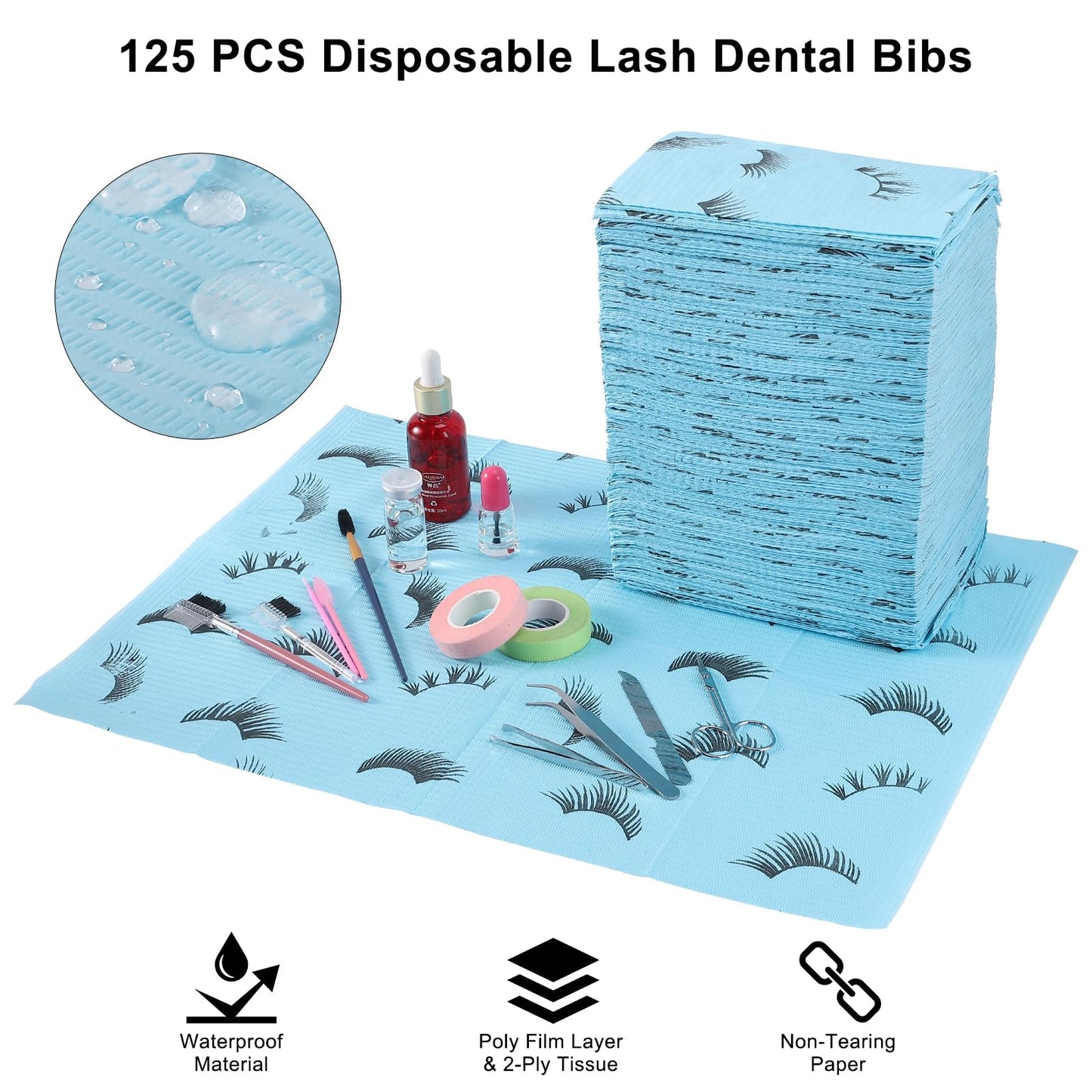 PRASNE Lashing Dental Bibs Disposable Pack of 125, Lash Pillow Cover of Lash Supplies, Blue 3-Ply Paper Poly Waterproof Towels, 13” x 18”, Black Eyelash Printed