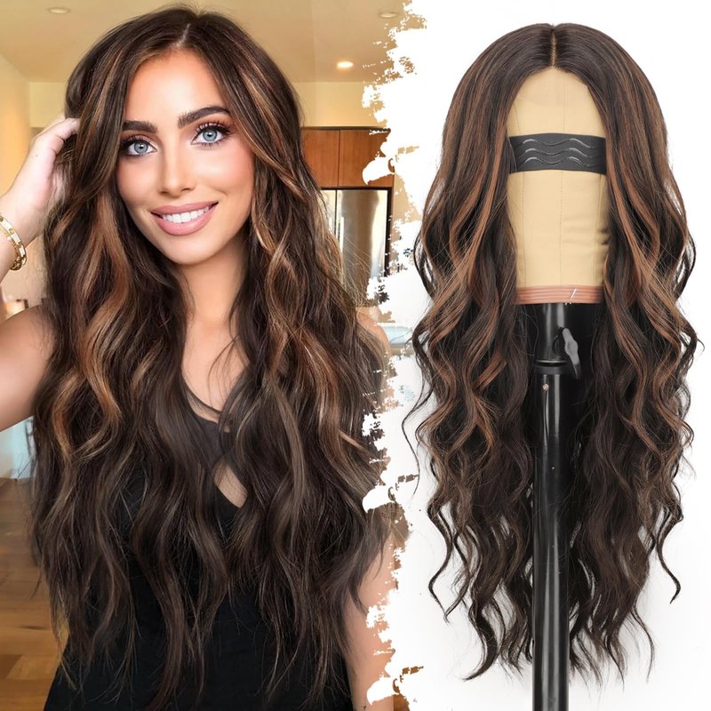 Eawwii Dark Brown Mixed Chestnut Wig for Women Long Wavy 4x1 Lace Natural Hairline Glueless for Beginners Middle Part Synthetic for Daily Party Use 26Inch
