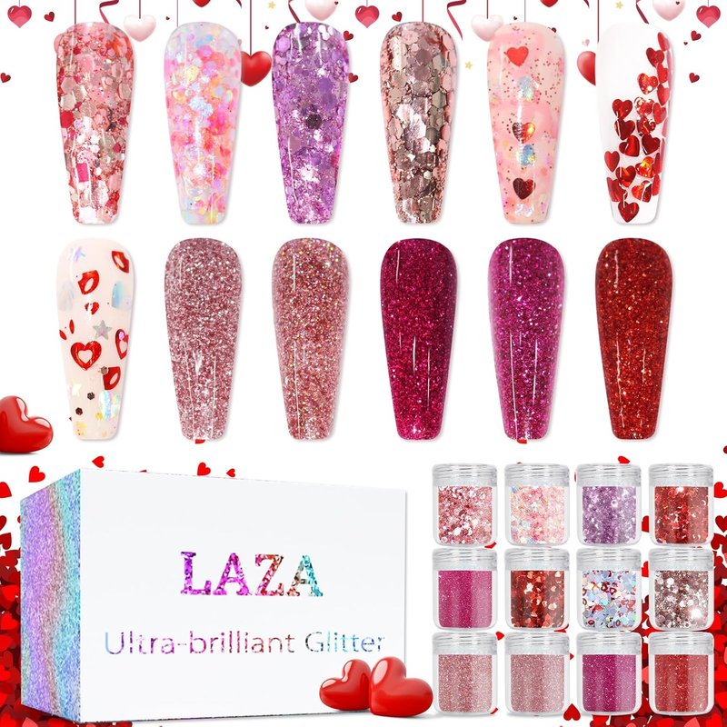 Laza Nail Art Glitter - 12 Colors Chunky Red & Pink Glitter Powder | Perfect for Valentine's Day Nail Designs