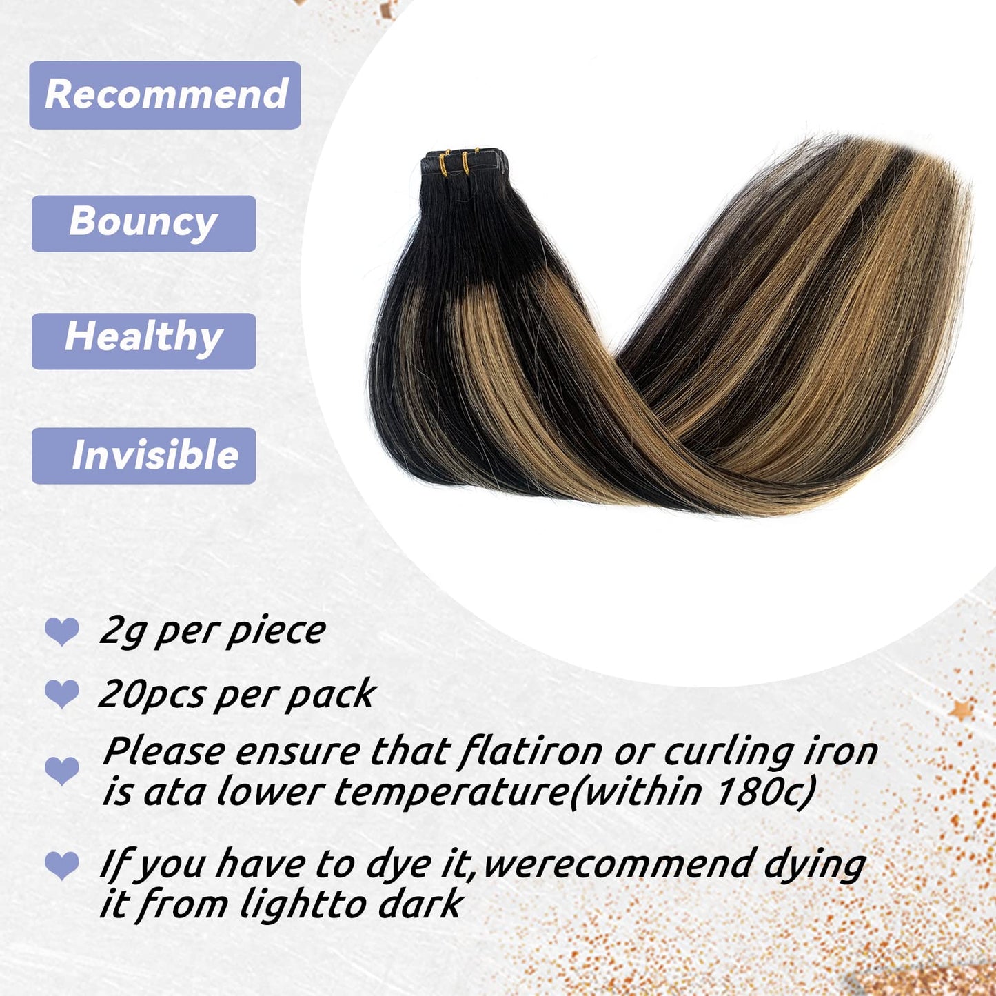Balayage Blonde Highlights Tape in Human Hair Extensions 18Inch Ombre Natural Black with Strawberry Brown 100% Remy Tape in Hair Extensions Seamless Soft Straight 40g/20pcs