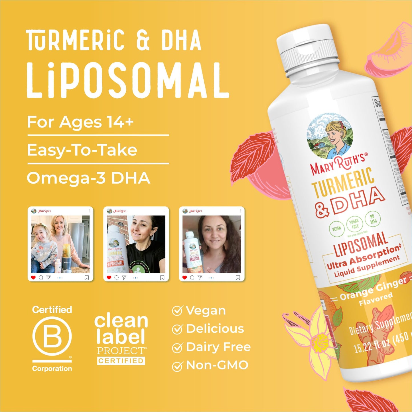 MaryRuth’s Turmeric & DHA Liposomal | Enhanced Absorption | Turmeric Curcumin Supplement 520mg for Joint Health & Cognitive Health | Curcumin | Ginger Root Oil | Omega-3 DHA | Sugar Free | 15.22 oz