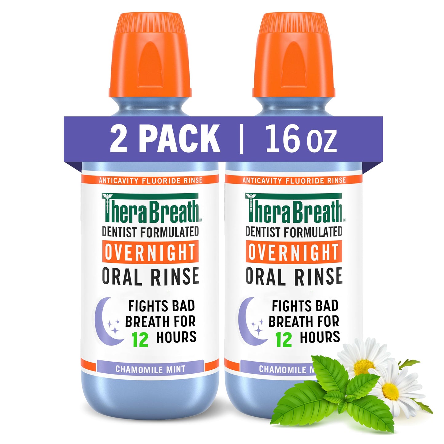 TheraBreath Overnight & Fresh Breath Mouthwash Bundle, Chamomile Mint & ICY Mint Flavors, 2 Packs of 16 fl oz, Fights Bad Breath 12 & 24 Hours