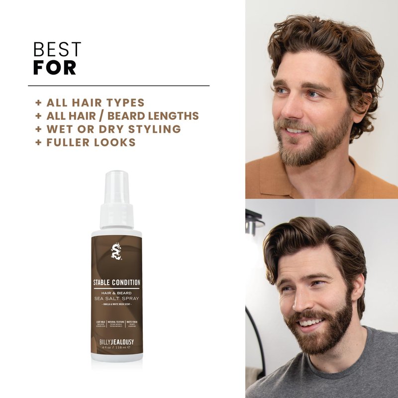 Billy Jealousy Sea Salt Spray for Hair and Beard, Texturizing & Volumizing Mist with Light Hold, Matte Finish, Beachy Waves & Natural Look, Safe for Color Treated Hair, Stable Condition, 4 Fl Oz