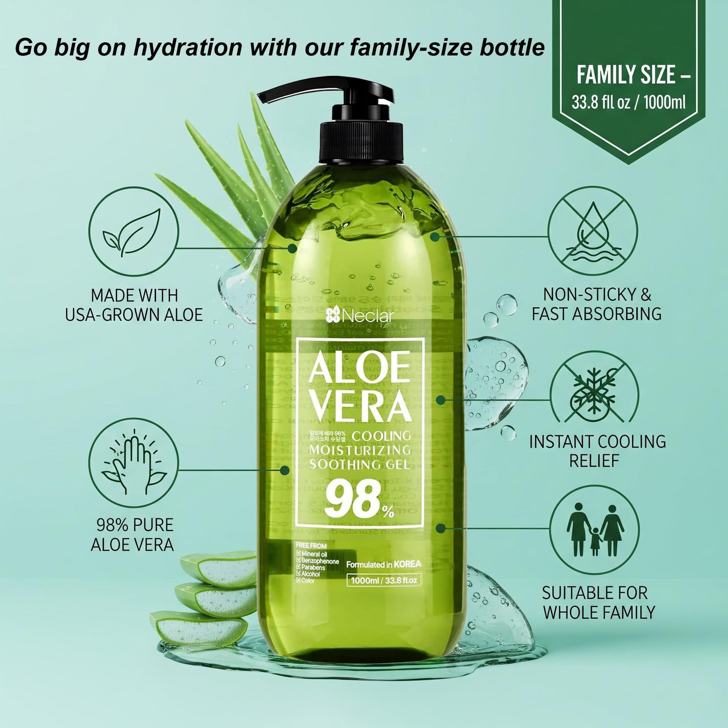 Neclar 98% Pure Aloe Vera Gel for Sunburn Relief - Big 33.8oz / 1000ml - Korean After Sun Care lotion For Face, Skin and Hair - Sun Burn Moisturizer Cream (33.8 Fl oz)