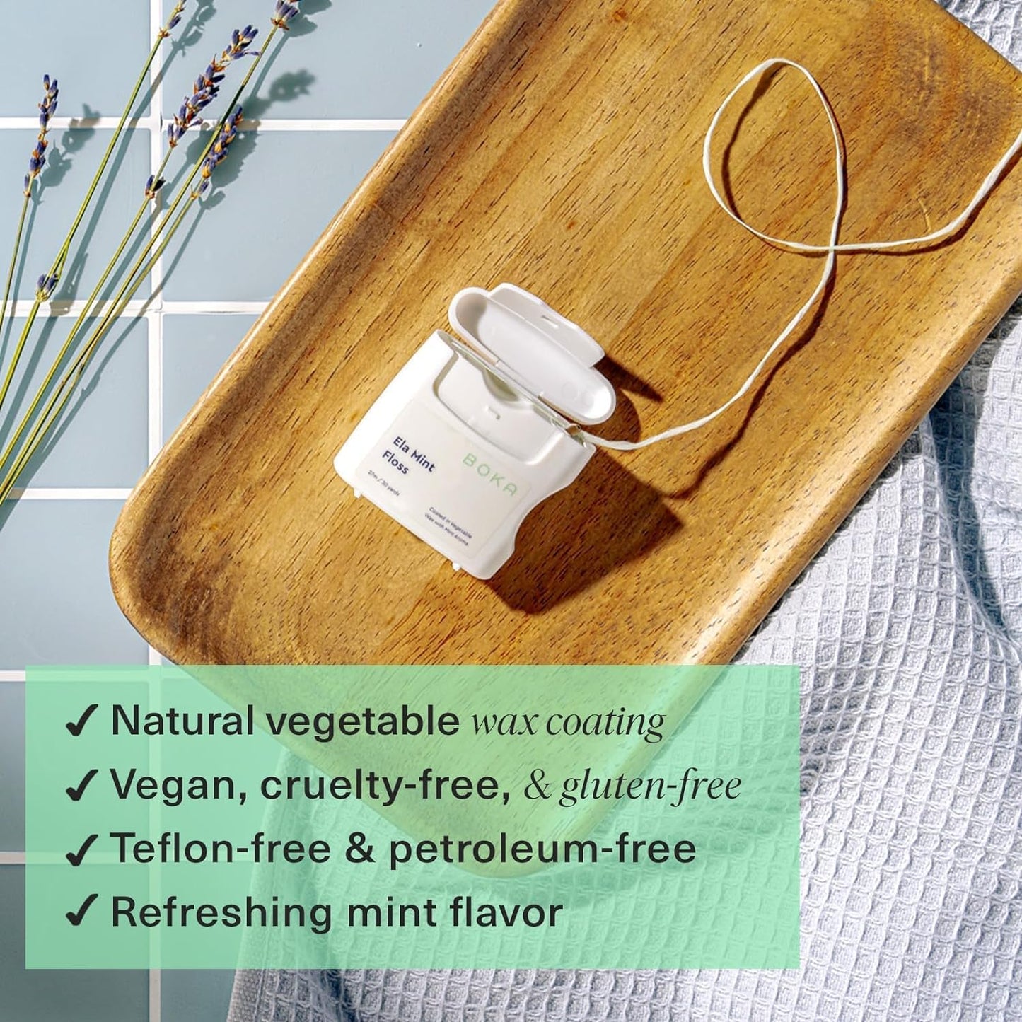 Boka Ela Mint Expandable Woven Dental Floss, Made from Natural Vegetable Wax, Teflon-Free and Petroleum-Free, 30 Yards of Waxed Floss (Pack of 3)