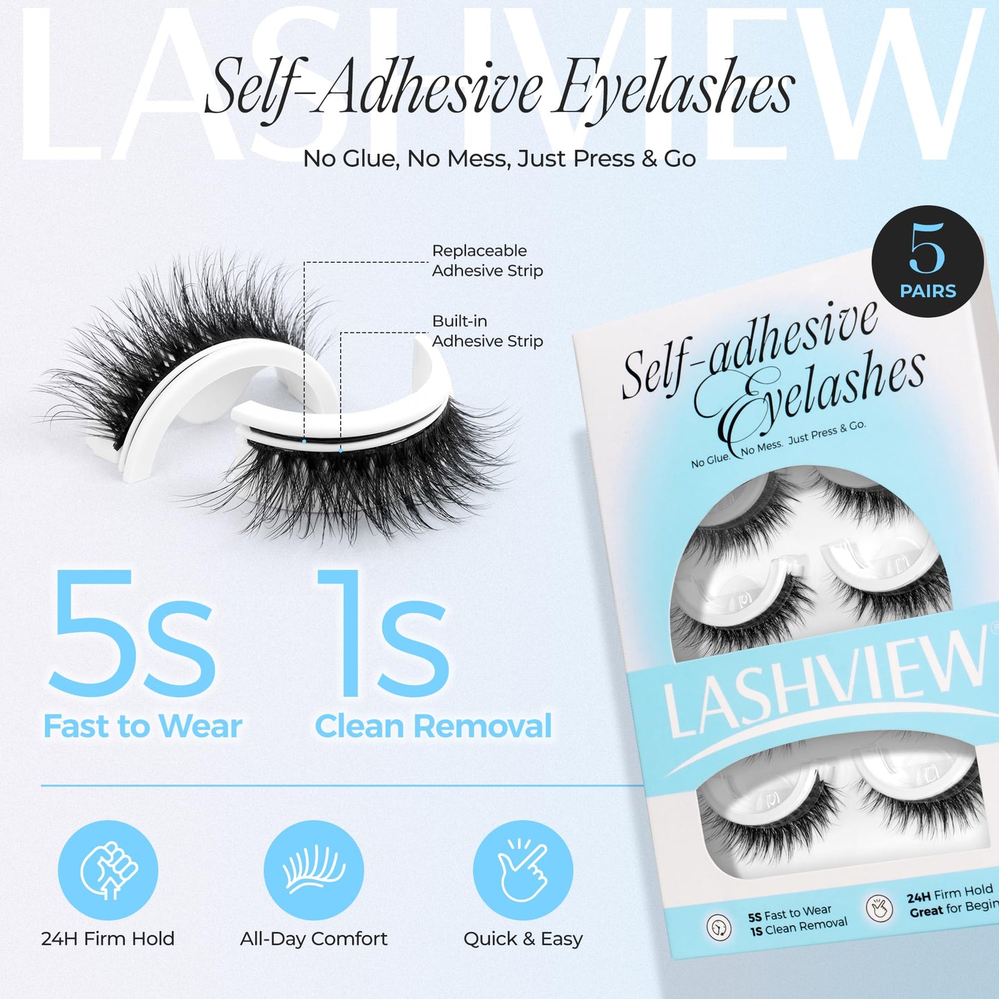 LASHVIEW Self Adhesive Eyelashes Natural Look, 5 Pairs Press On Lashes No Glue Need Eyelashes, Reusable Wispy False Lashes with Replacement Adhesive Strips (ZN122)