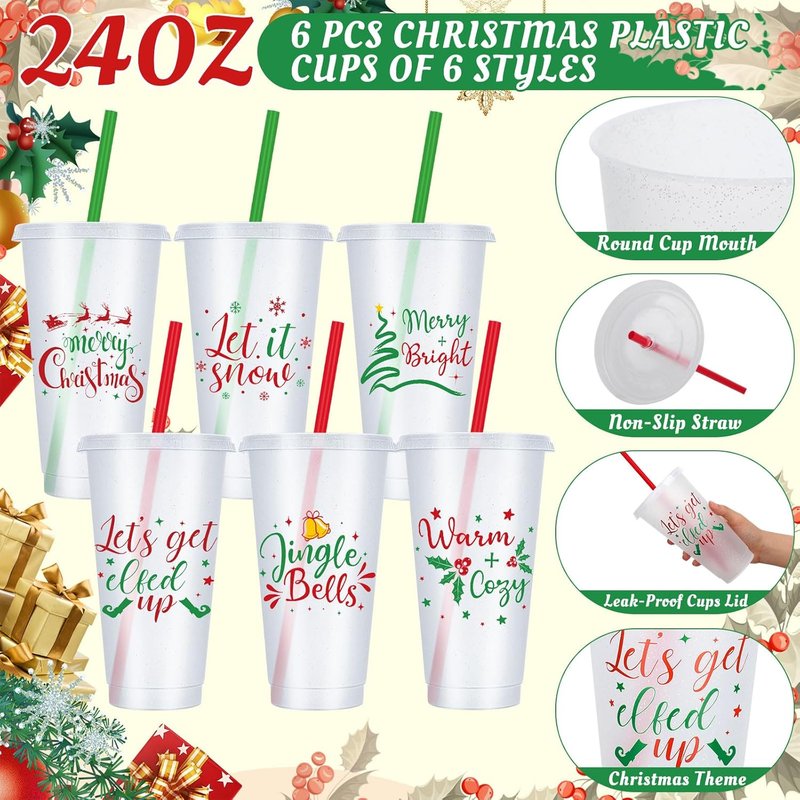 Christmas Gifts Set - 24 Oz Merry Christmas Plastic Tumblers with Lids & Straws | Makeup Bag, Crew Socks & Keychain for Holiday Parties