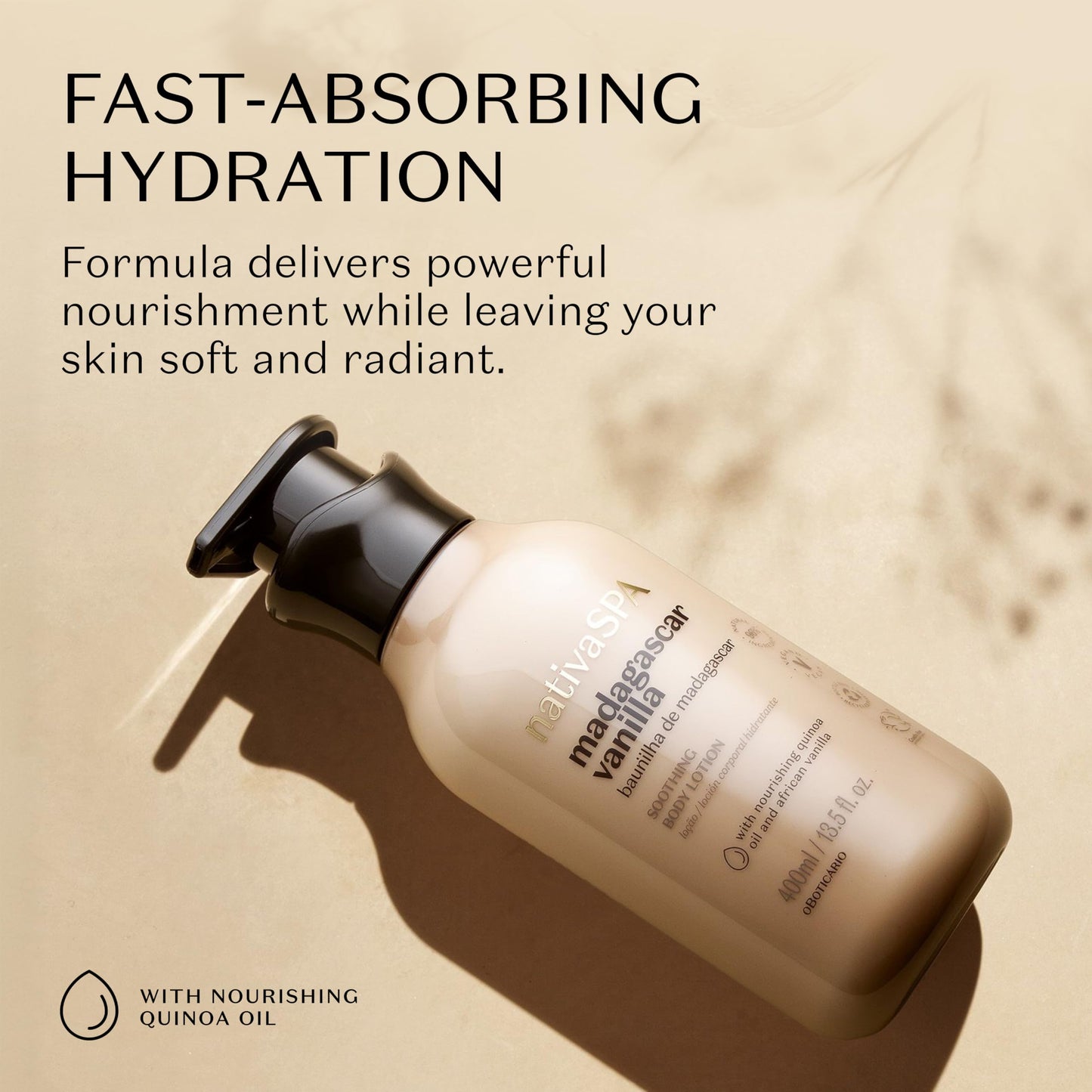 Nativa SPA by O Boticário, Madagascar Vanilla Moisturizing Body Lotion, Fragranced Skin Moisturizer with Purified Quinoa Drops, 13.5 Ounce