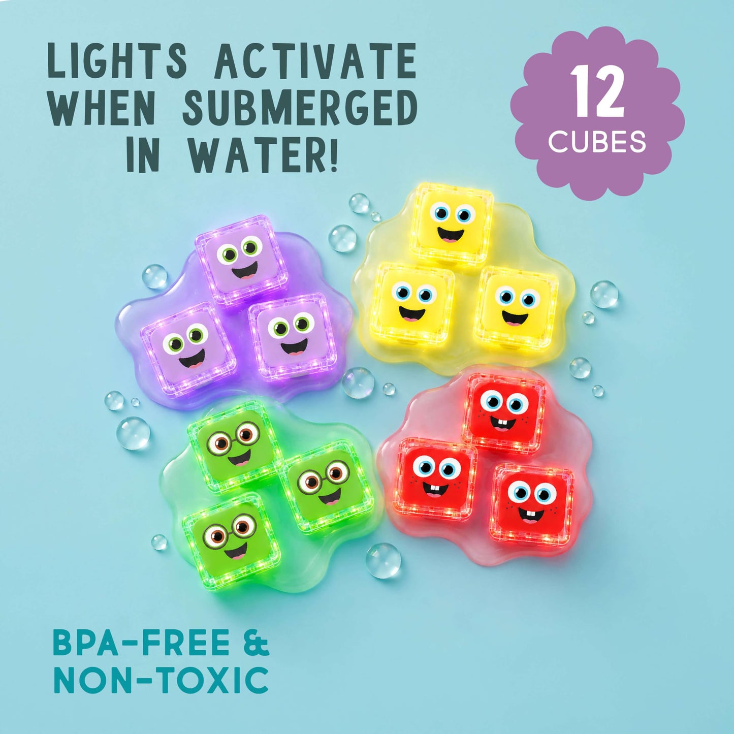 Glo Pals Water-Activated Light-Up Bath Toy Cubes, 4 Colors, 12 Pack