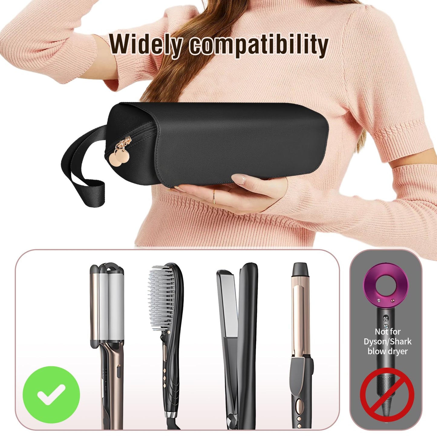 SS Hair Tools Travel Bag and Heat Resistant Mat for Hot Tools, Leather Curling Iron Case, Portable Essentials for Women, Black