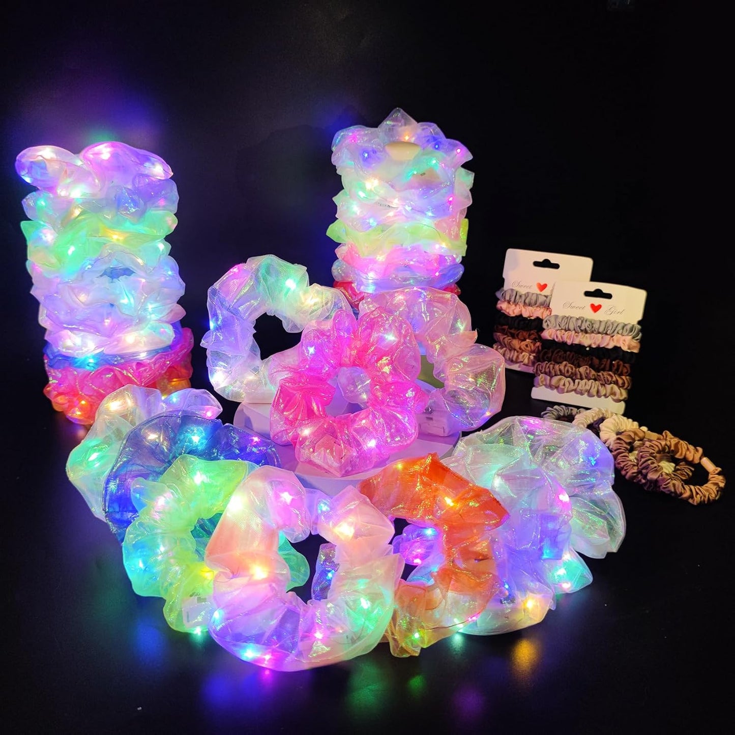 Light Up Scrunchies - 30 Pcs LED Glow in the Dark Hair Ties | Satin Elastic for Parties & Festivals
