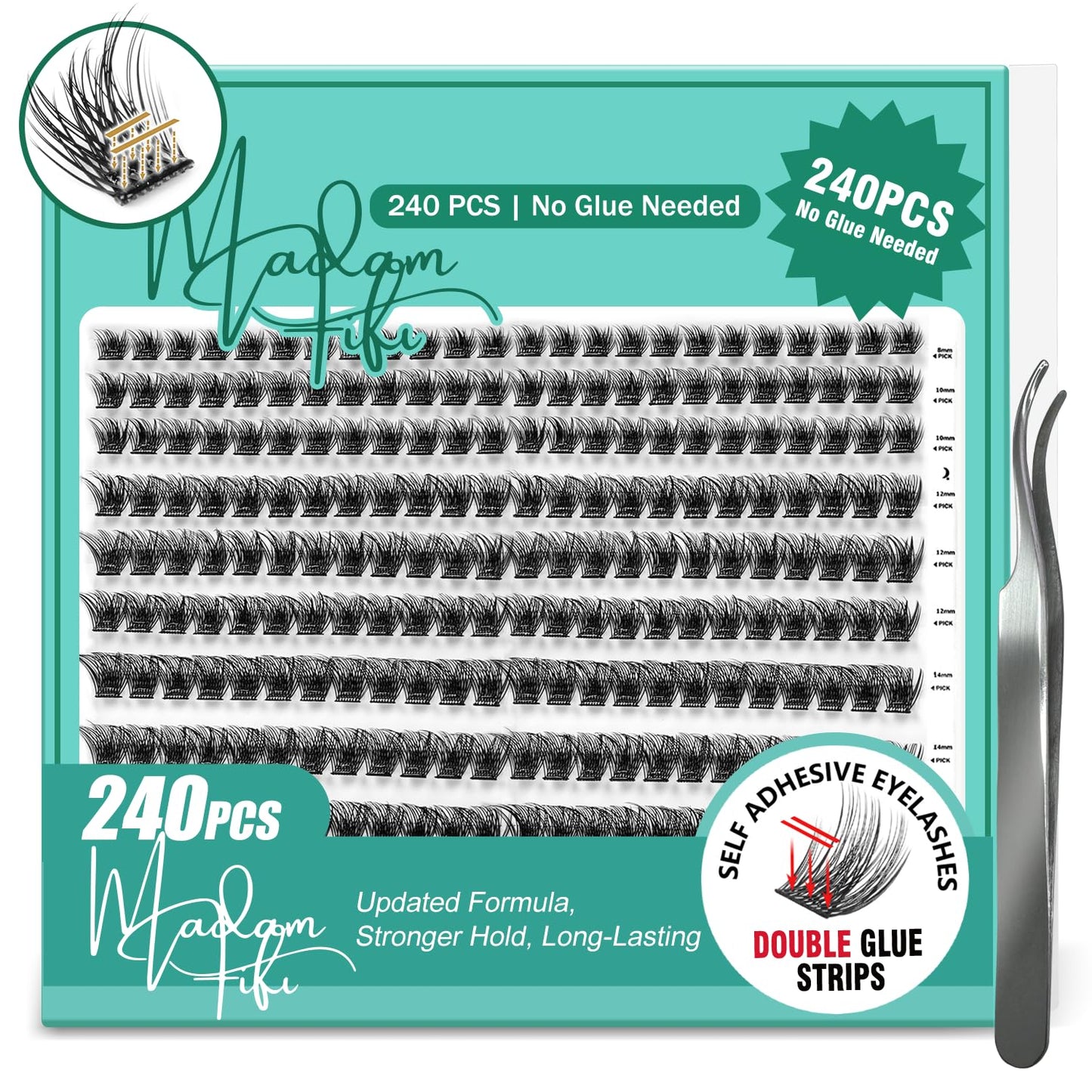 Lash Clusters 240 Pcs, Self Adhesive Lash Clusters No Glue Needed, Fluffy Cluster Lashes 8–16mm DIY Lash Extensions for Soft Volume Look with Tweezers