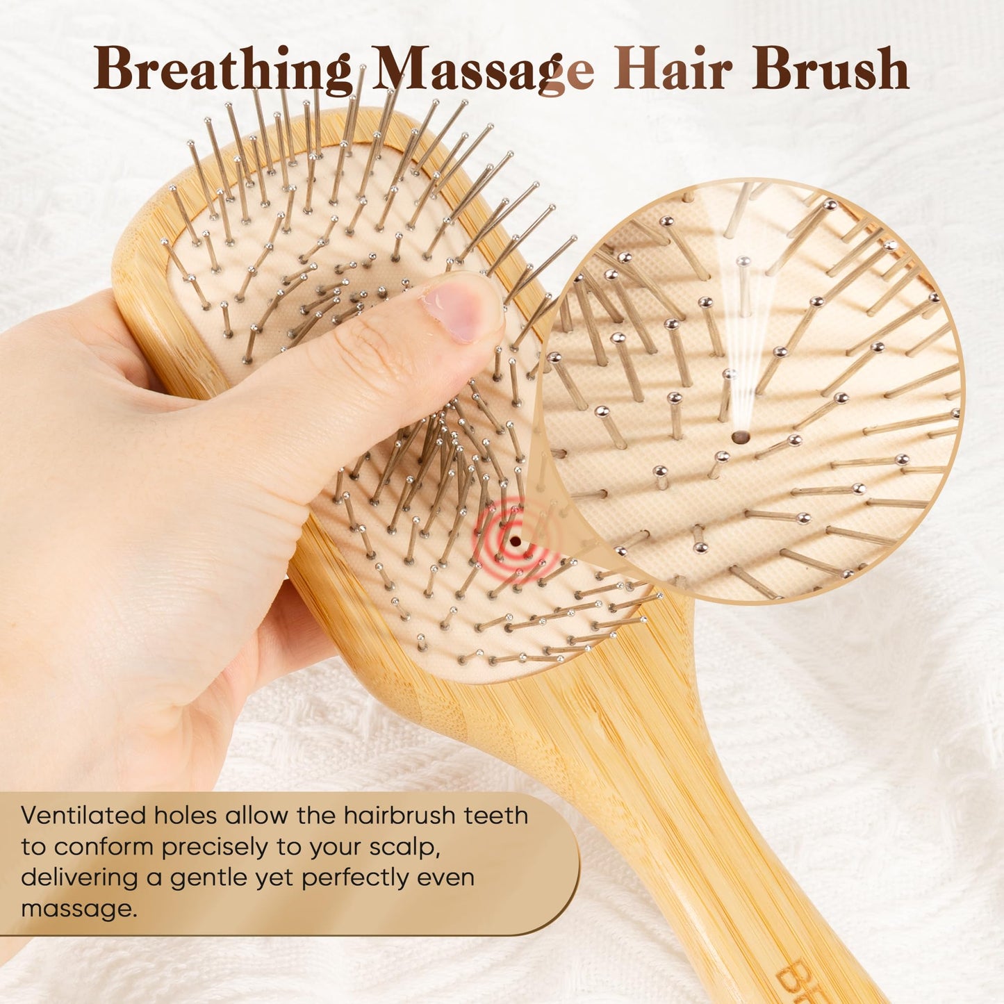 BFWood Bamboo Hair Brush with Steel Bristles, Metal Hair Brush Help Hair Growth and Massaging Scalp, Anti-frizz Metal Detangling Brush Styling Hairbrush