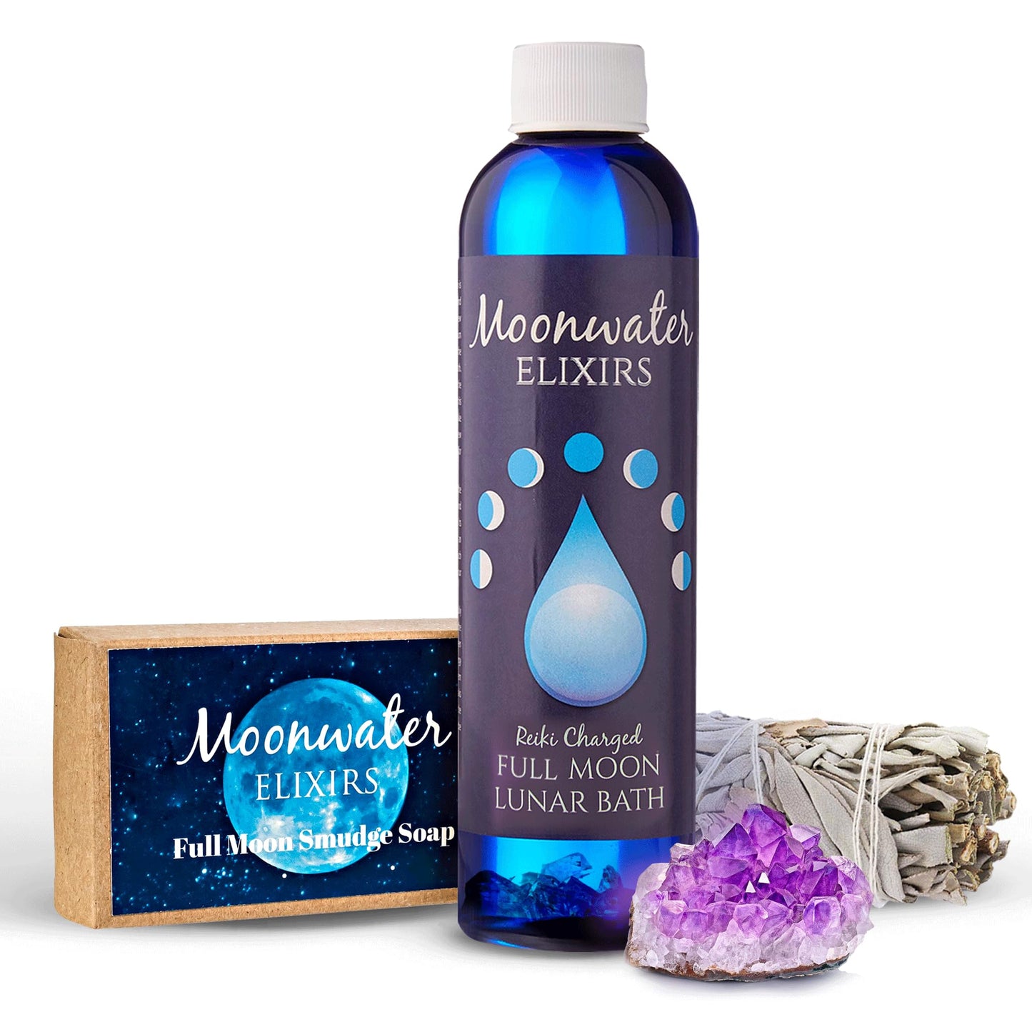 Full Moon Spiritual Bath Kit with Bath Oil, Sage Smudge Stick & Smudge Soap - Cleanse, Clarify & Recharge Your Energy, Aura Cleansing, Chakra Healing, Relaxation Rituals for Manifestation & Meditation