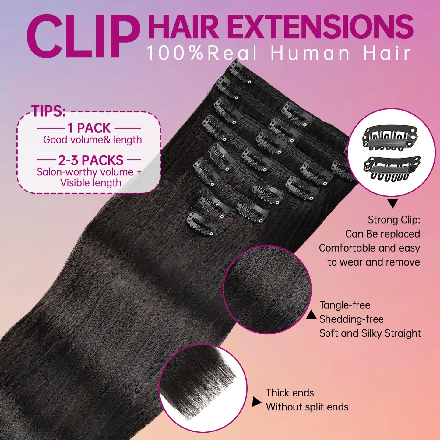 PSIOOL 1B Natural Black Human Hair Clip In Extensions - 18 Inch Straight Seamless 8pcs/100g, Real Remy Invisible Clip Ins for Women（Cabello Humano)