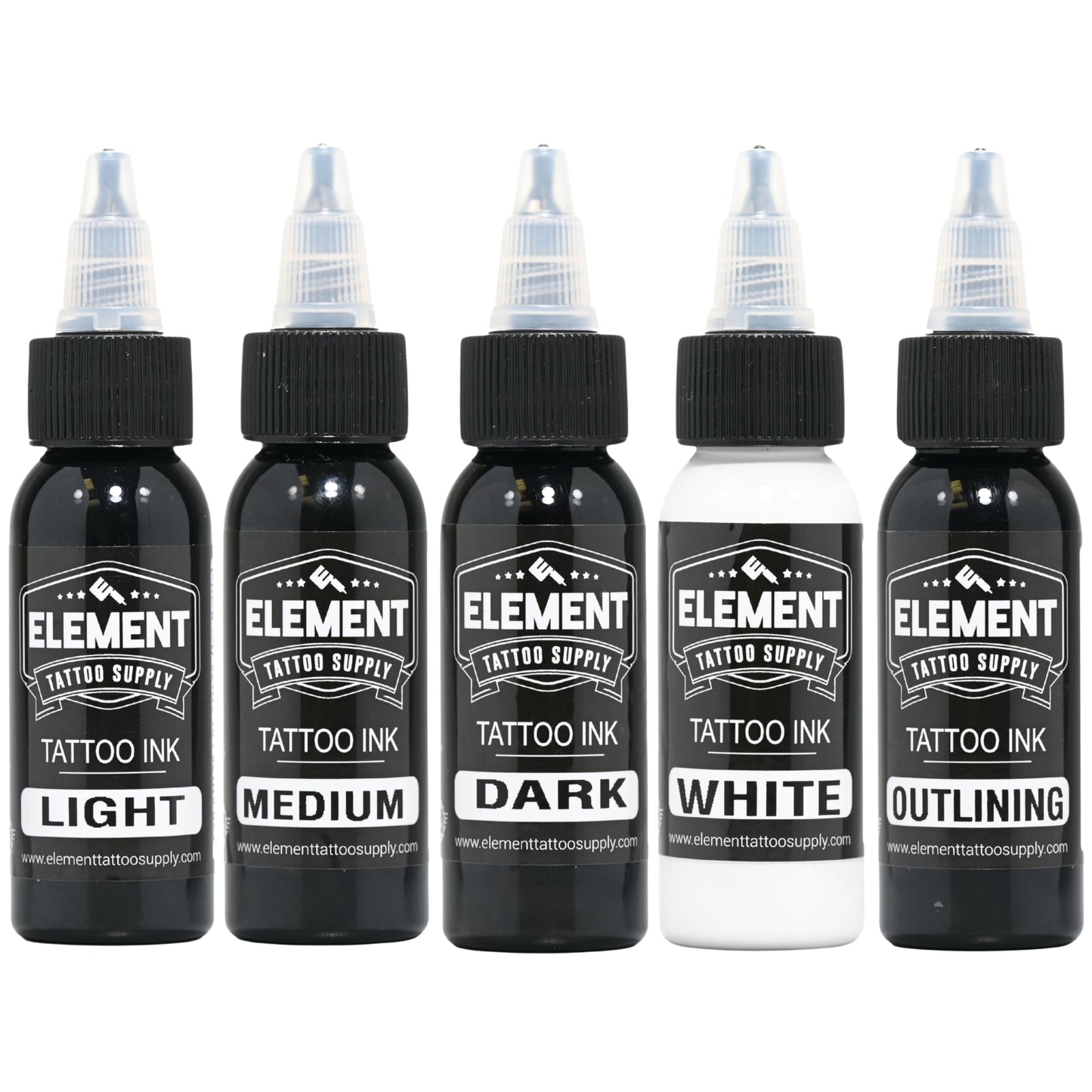 Element Tattoo Supply Greywash Tattoo Ink Set Light Medium Dark Blend Nighthawk Black Element White Formula for Shading Outlining Mixing Tattoo Work 1oz Bottle 5 Bottles