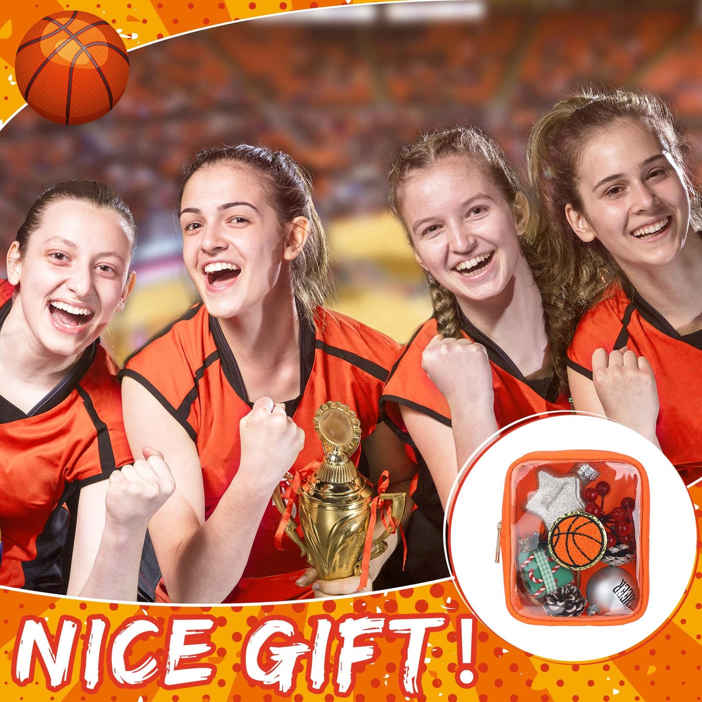 Reginary 12 Pcs Basketball Party Favors Basketball Makeup Bags Bulk with Chenille Patch Valentine Team Gifts Waterproof Travel Size for Women
