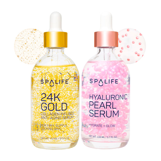 SpaLife Beauty Pearl Hyaluronic Acid Serum & 24k Gold Anti Aging Serum | AM/PM Facial Routine Duo | Deep Collagen Hydrating Treatment | Firming Wrinkle Face Skincare | 2 x 3.7 Fl. Oz.
