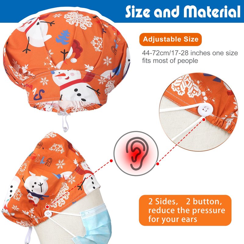 6 Pcs Christmas Bouffant Scrub Cap with Buttons Adjustable Working Hats Surgical Cap with Sweatband for Women Men