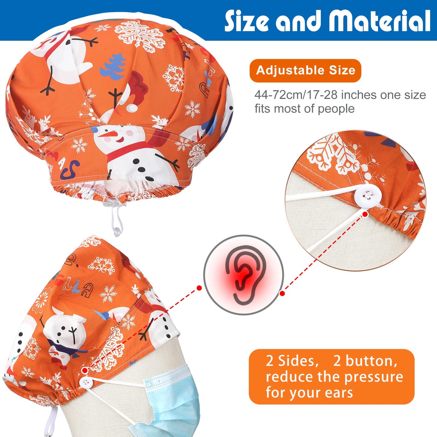 6 Pcs Christmas Bouffant Scrub Cap with Buttons Adjustable Working Hats Surgical Cap with Sweatband for Women Men