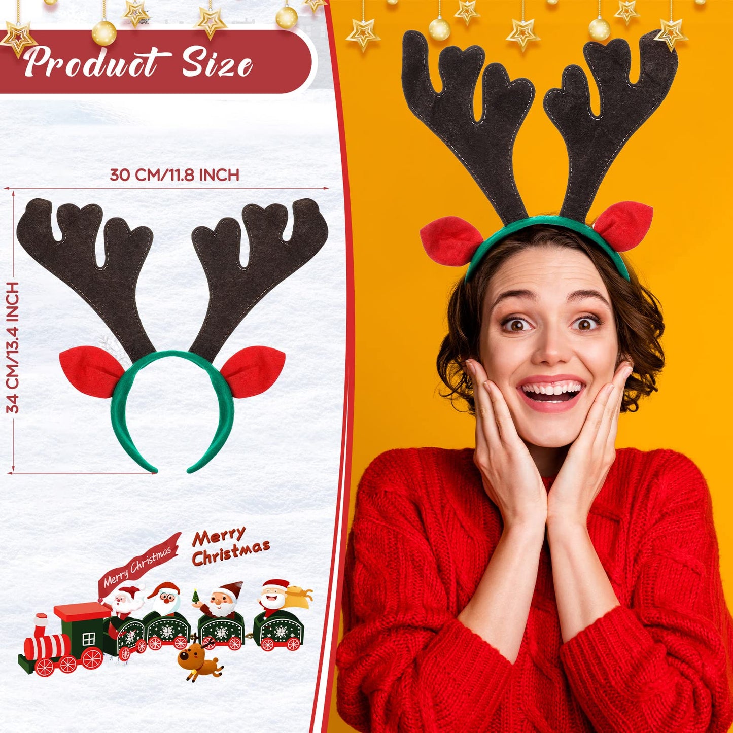 Zubebe 36 Pcs Christmas Reindeer Antlers Headband Xmas Deer Antlers Horns Headband with Ears Deer Decor (Red Brown,13.39 x 11.81 Inches)