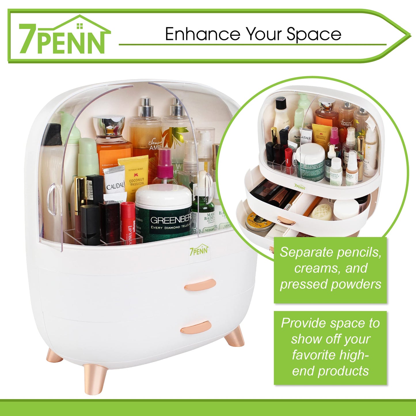 7Penn Large Makeup Organizer Storage Box - Portable Makeup and Skincare Organizer with Drawers, Large Capacity Makeup Organizer Case with Cosmetic Storage Drawers and Cover