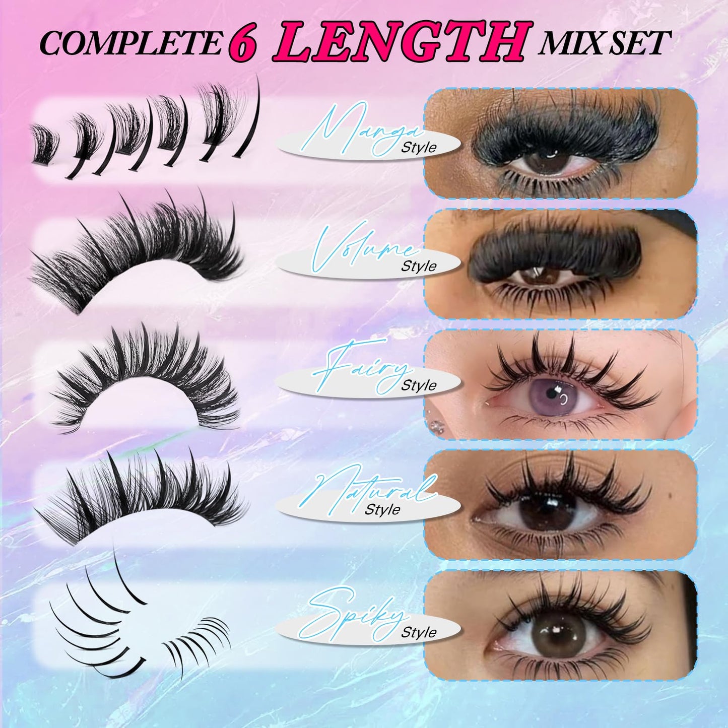 Lash Clusters Kit with Spikes 100D Wispy Long 8-20mm Lash Spikes DIY Thick Cluster Eyelash Extensions Spiky Manga Individual Lashes 280pcs Fairy with Bond & Seal, Tweezers