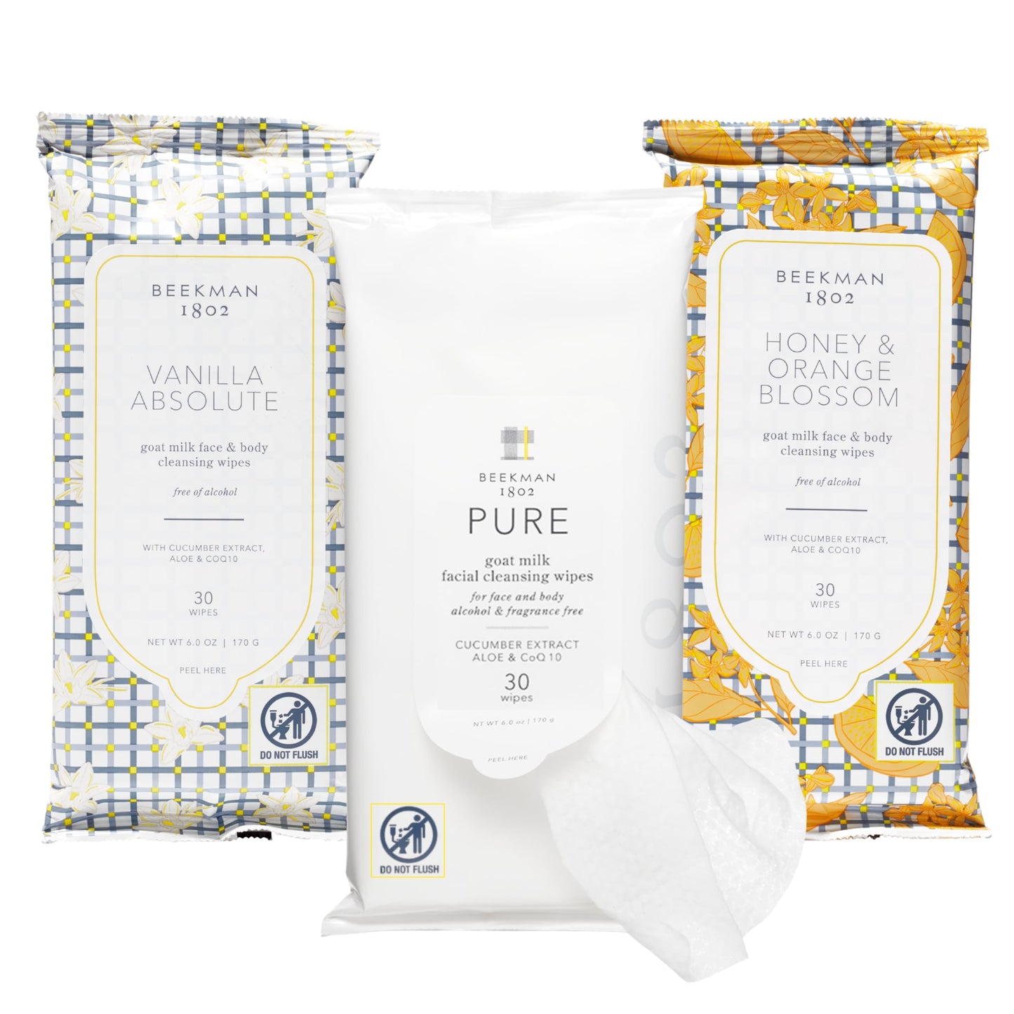 Beekman 1802 Face and Body Wipe Trio (90 Wipes) - Pure, Vanilla Absolute, and Honey Orange Blossom