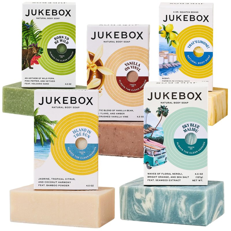 JUKEBOX, Natural Bar Soap,Watermelon Disco, Born To Be Wil, Rose Hips Don't Lie, Pink Champagne,That's Limone,Cold Process,Bath Soap,No Harmful Ingredients,All Skin Types-by Dr. Squatch-4.5oz, 5 Pk