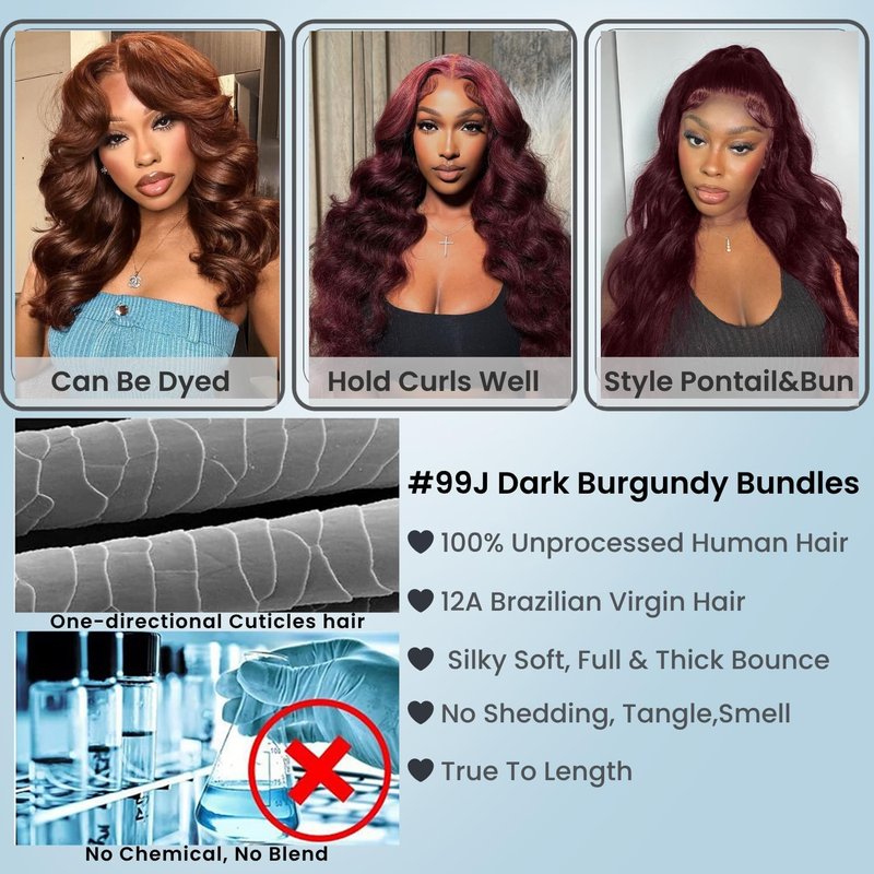Dark Burgundy Wine Color Human Hair Bundles - Body Wave, 12A Virgin Remy, Soft & Thick | 10-12-14 Inch