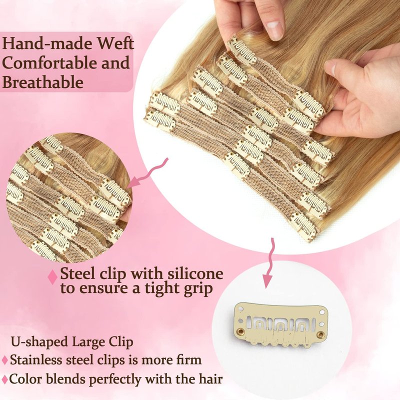 Human Hair Clip-In Extensions - Dark Blonde Highlights, Silky Straight | 14 Inch, 120g, 8pcs Natural Remy Hair