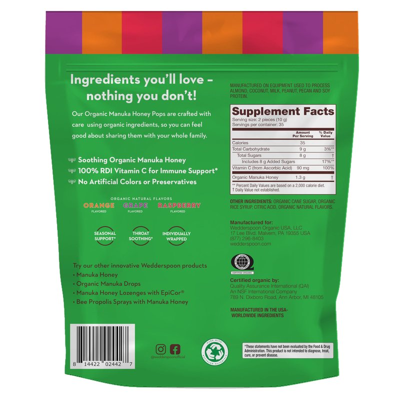 Wedderspoon Organic Manuka Honey Lollipops, Variety Pack, 70 Count (Pack of 1) Genuine Manuka Honey + Vitamin C No Artificial Flavors or Dye Feel Better Lollipop for Kids & Grown-ups