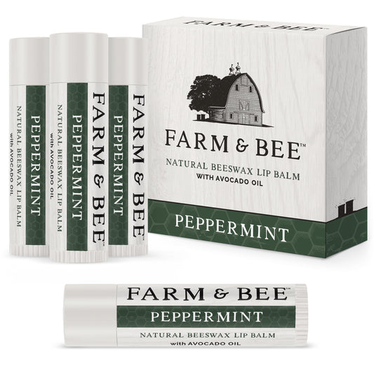 Natural Lip Balm - Organic & Natural Ingredients - Beeswax Based Moisturizing Lip Care Chapstick for Chapped Lips - Great Gift Idea - Farm & Bee - 0.15oz (Pack of 4 - Peppermint)