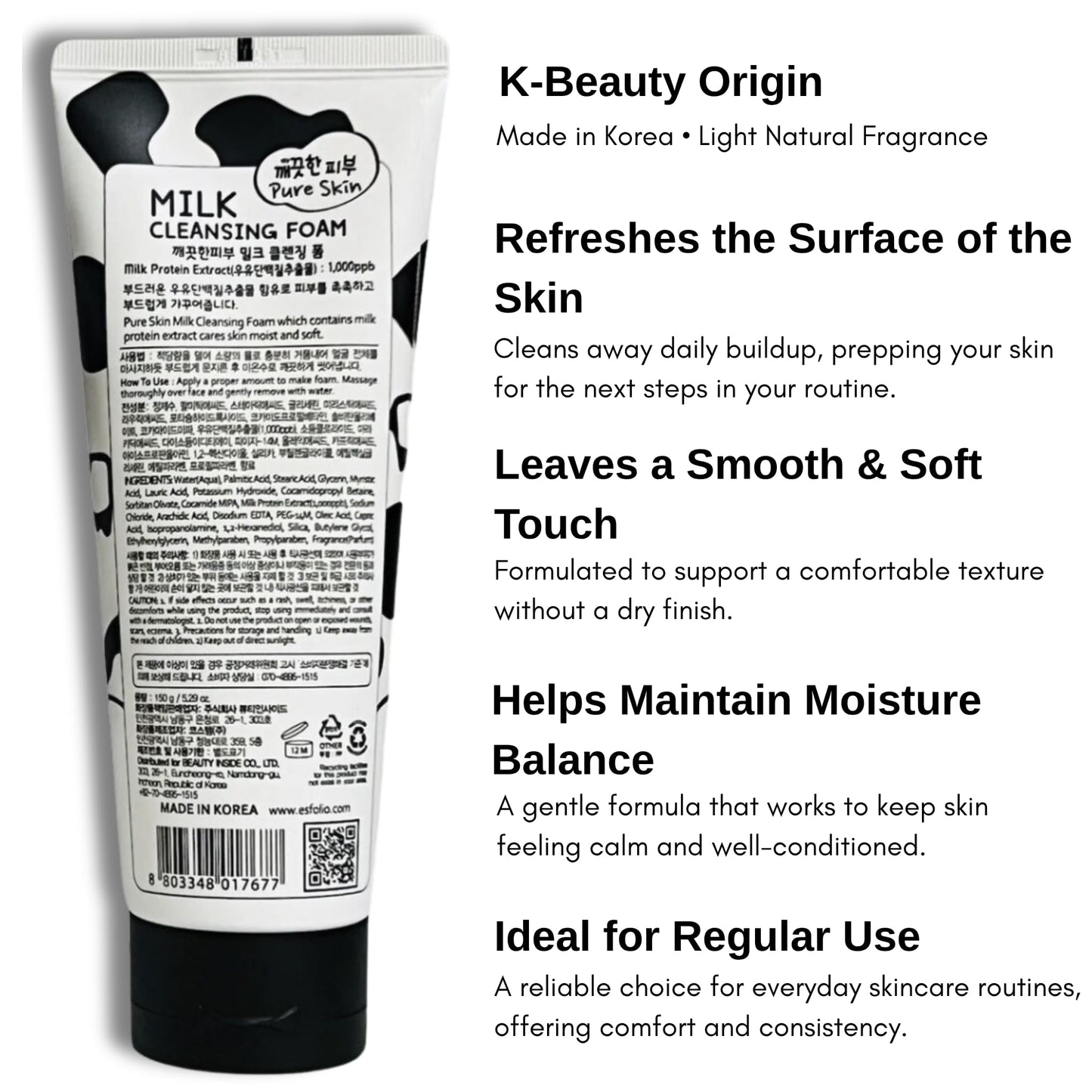 esfolio Milk Cleansing Foam – Hydrating Face Wash for All Skin – Korean Skincare Milk Protein for Gentle Deep Cleansing – Moisturizing Facial Cleanser for Soft & Smooth Skin (5.29oz -150g)