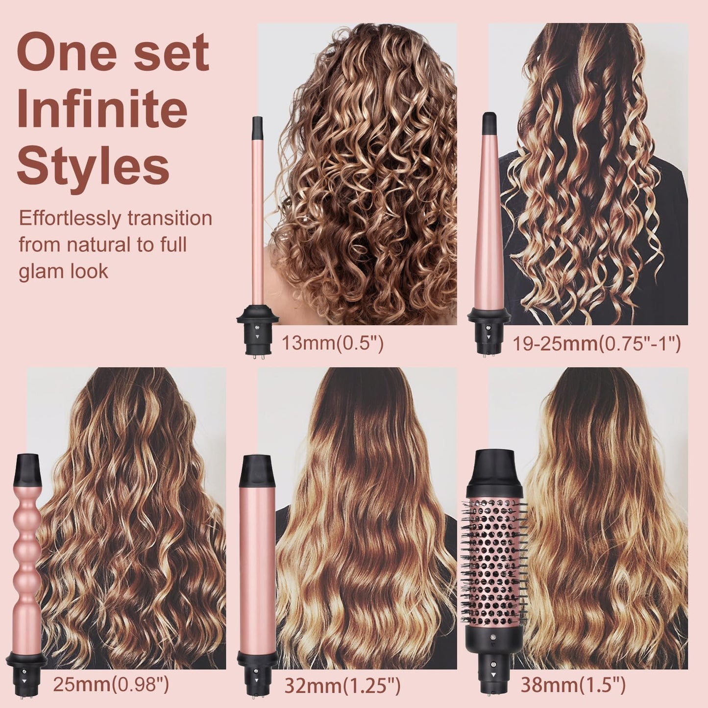 UNOBEY 5 in 1 Curling Iron Brush Set with Thermal Brush and 4 Interchangeable Ceramic Curling Wand(0.5”-1.25”), Fast Heating, Dual Voltage, Include Glove