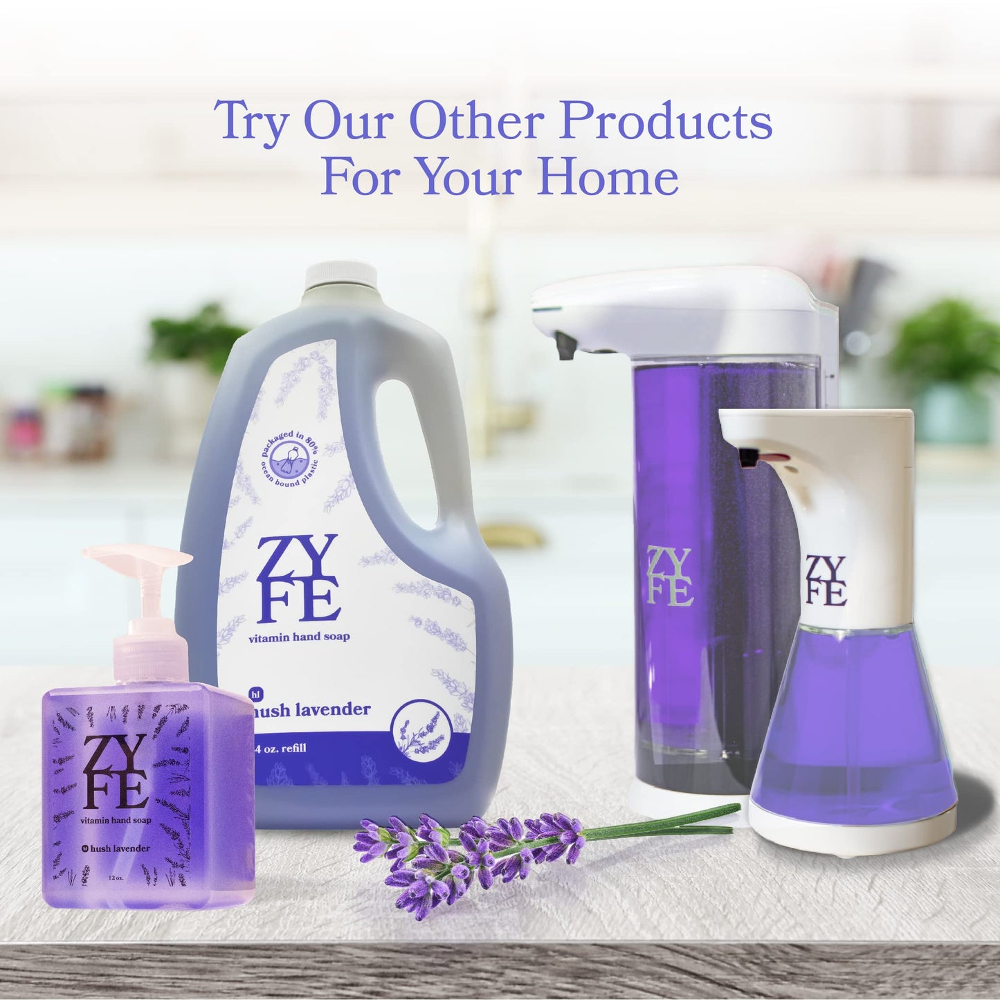 ZYFE Eco Friendly Hand Soap Refills Family Pack - Pland Dervied Liquid Handsoap With 5x Vitamins - 2 12oz Pump Dispenser Bottles and 1 64oz Refill - Lavender