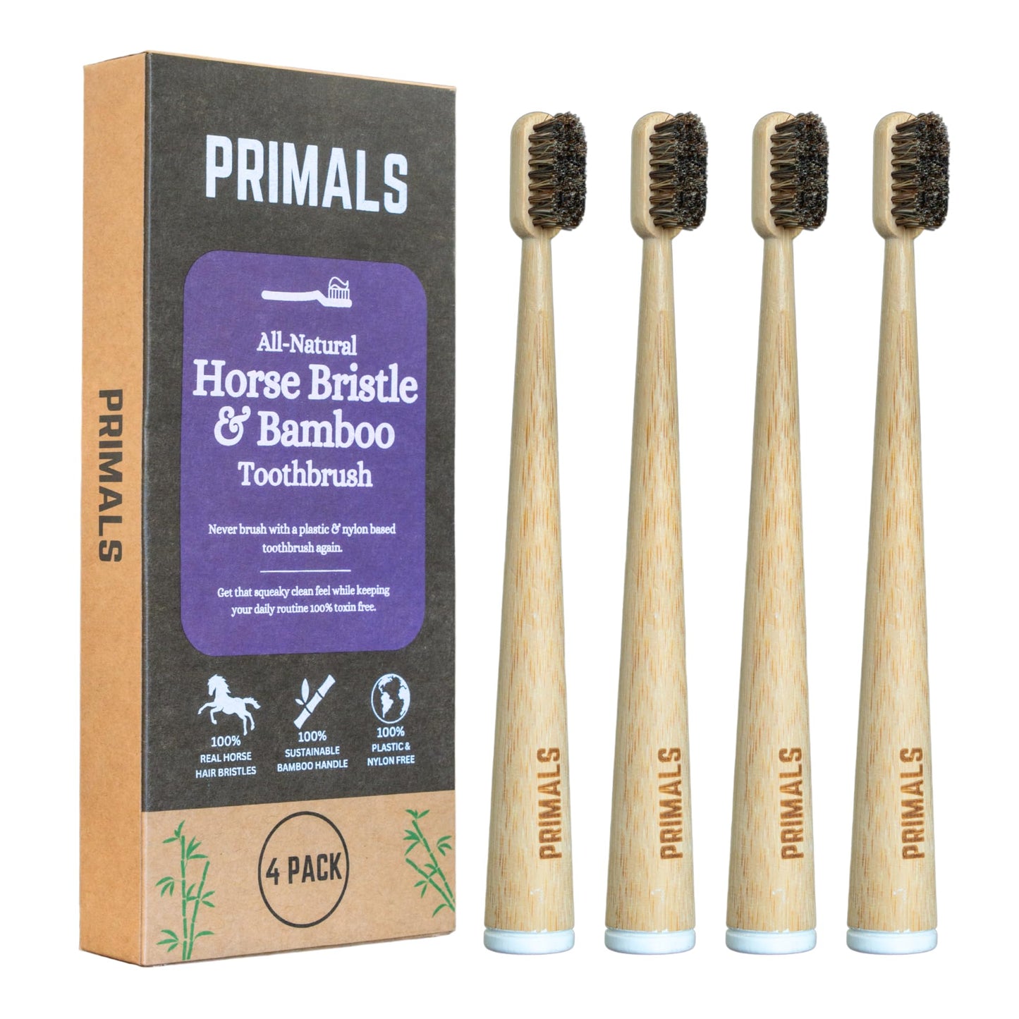 PRIMALS Horse Bristle & Bamboo Toothbrush (4-Pack) - Luxurious & Soft Horse Bristles - Fully Biodegradable - Plastic & Nylon Free - Quick Dry Design