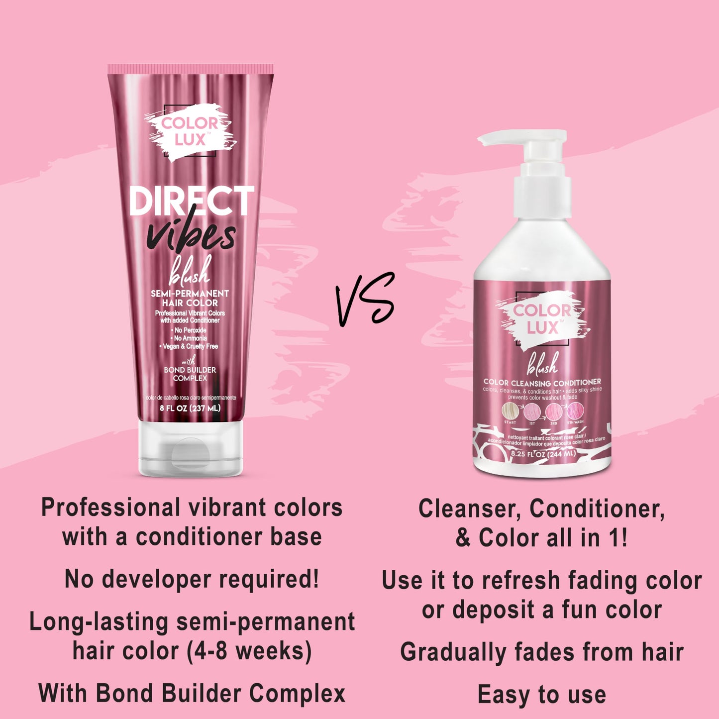 Color Lux Direct Vibes Semi-Permanent Hair Color, Blush, Vibrant & Long-Lasting Shade, Ammonia-Free, Vegan, Sulfate-Free, Paraben-Free, 8 fl oz (Pack of 2)