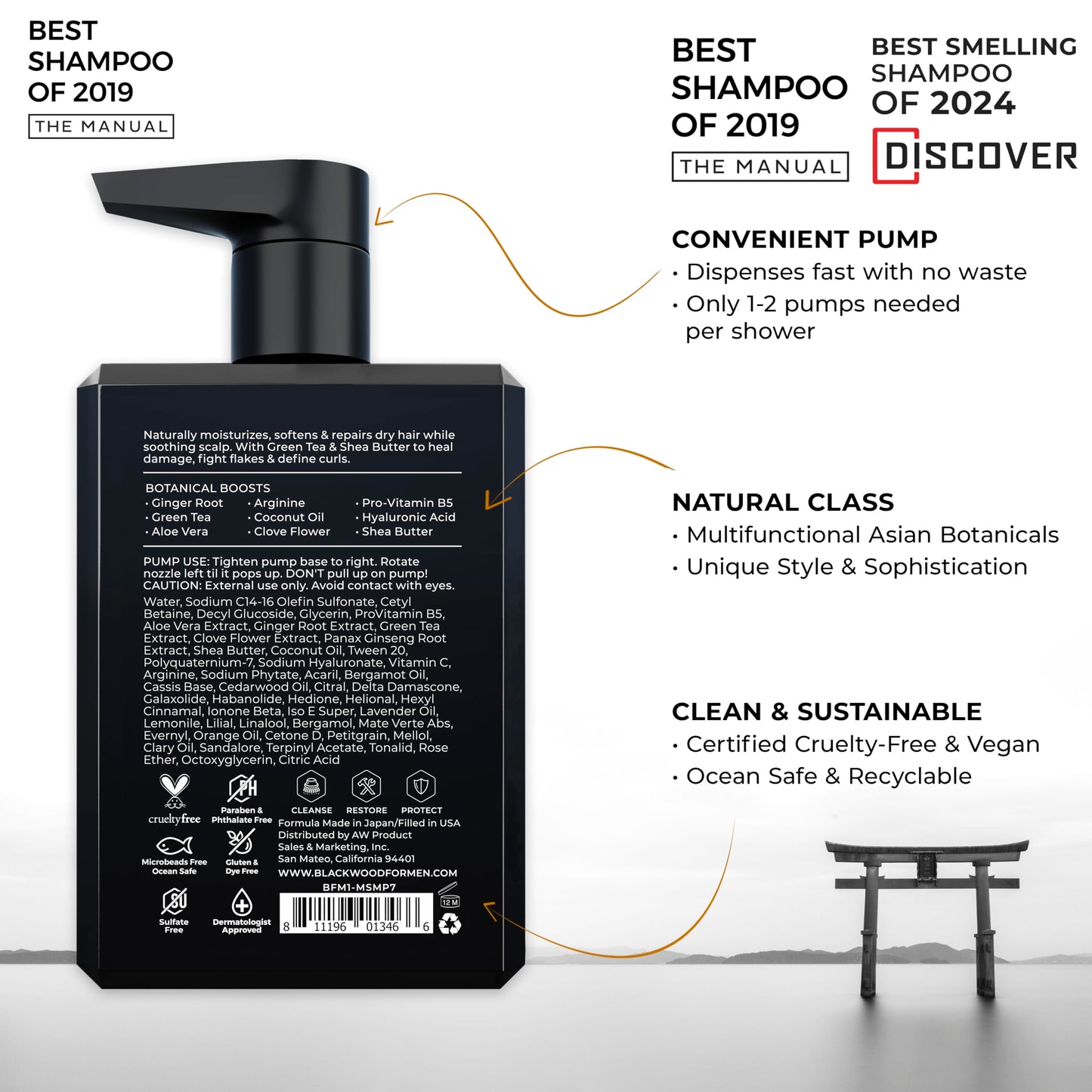 Blackwood For Men Hydroblast Moisturizing Shampoo - Men's Shampoo for Coarse, Dry, & Curly Hair-Infused with Ginseng & Ginger - Natural Vegan Formula -Sulfate Free, Paraben Free & Cruelty Free (7 Oz)