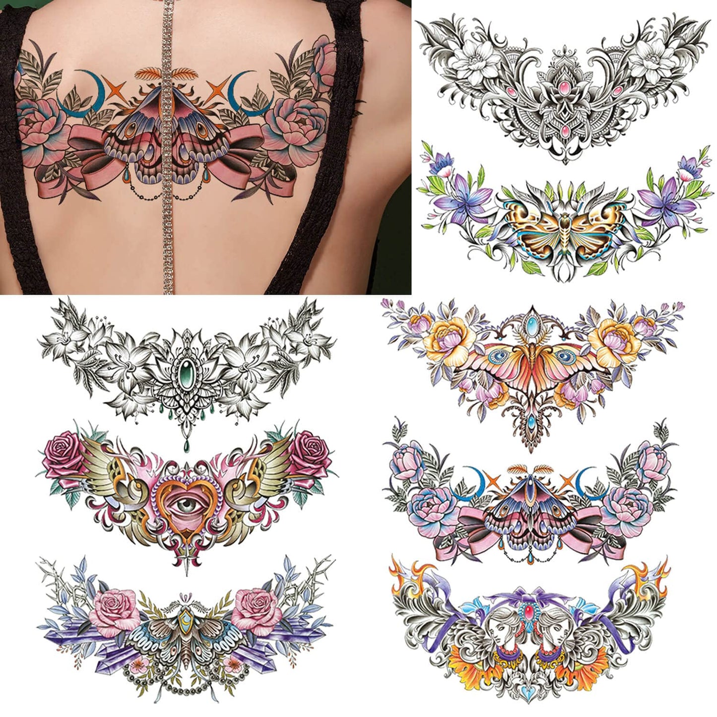 THAPOR Floral Temporary Tattoo for Women, 8-Pack 7.5inx12.5in Large Realistic Flower Tattoos Stickers, Long-lasting Horizontal Fake Tattoos, Makeup for Girls Chest Back Underboob Waist Body