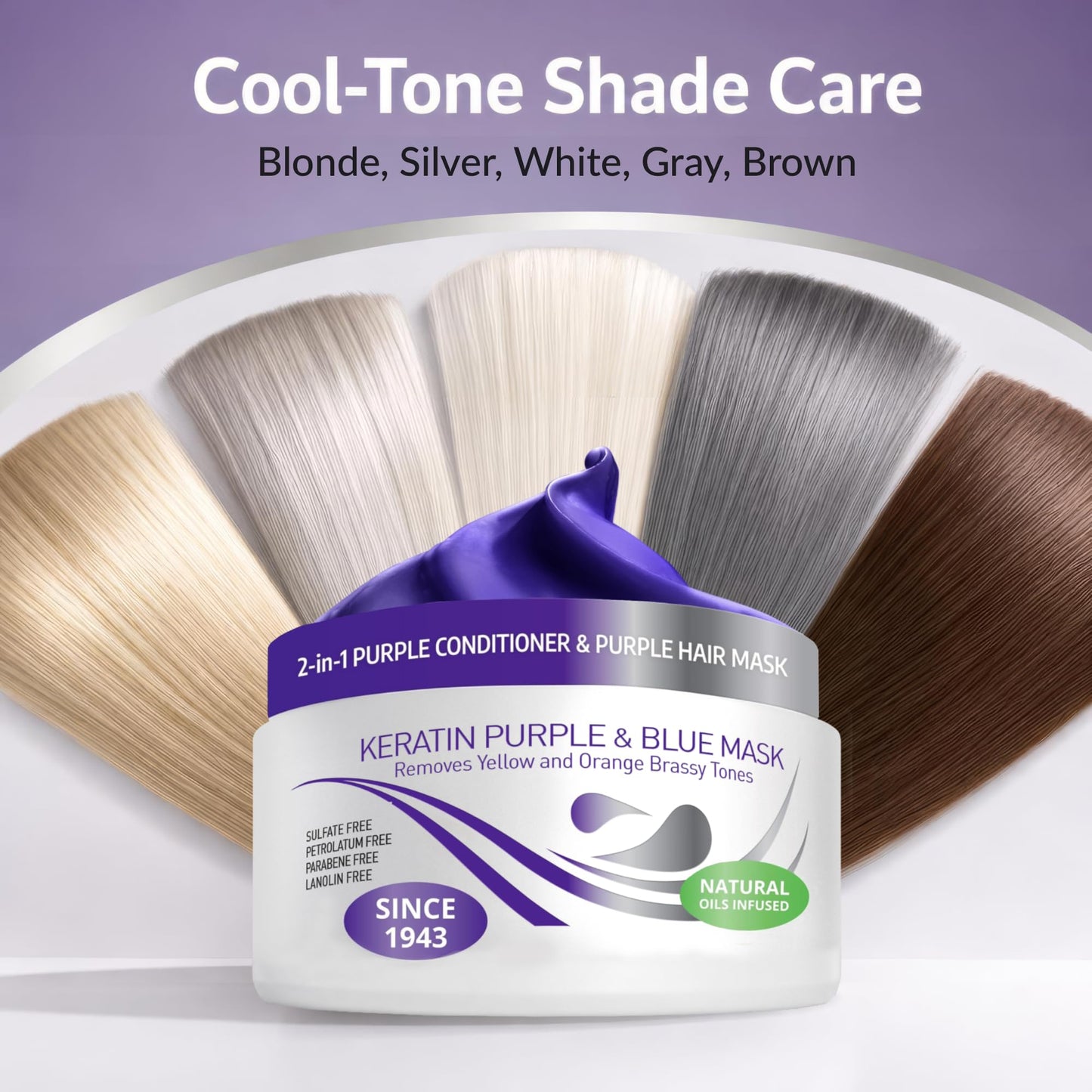 VITAMINS hair cosmetics Keratin Purple Hair Mask - Blue Hair Mask Deep Conditioner Treatment - Blonde Toner to Neutralize Brassiness in Brassy Blonde, Silver, White, Gray & Brown Locks