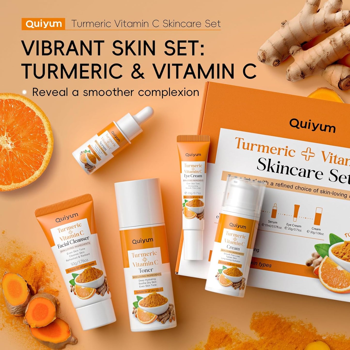 Turmeric Vitamin C Skincare Set - 5PCS Beauty Routine for Women | Dark Spot Remover, Acne Reduction, Even Tone, Glow