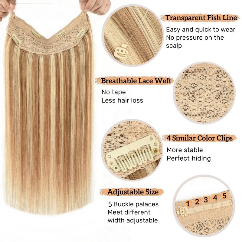 Human Hair Extensions Wire Hair Ash Brown with Blonde Straight Wire Hair Extensions Real Human Hair Hairpieces with Invisible Fish Line 14 Inch 80g for Women #8/613