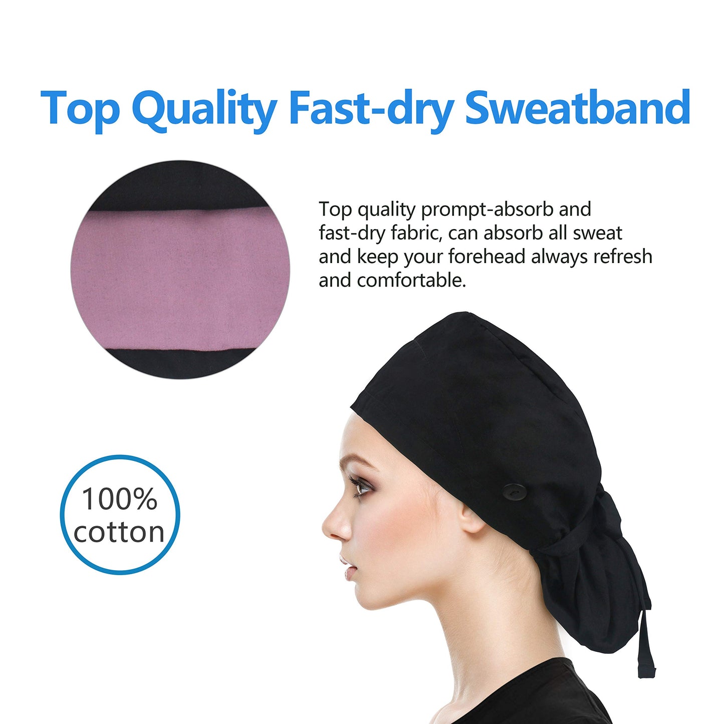 QBA Working Cap with Button Long Hair, Adjustable Working Hat Sweatband Cotton Ponytail Holder, Tie Back Hats for Women & Men, One Size, 3 Pack: Black * 3 PCS