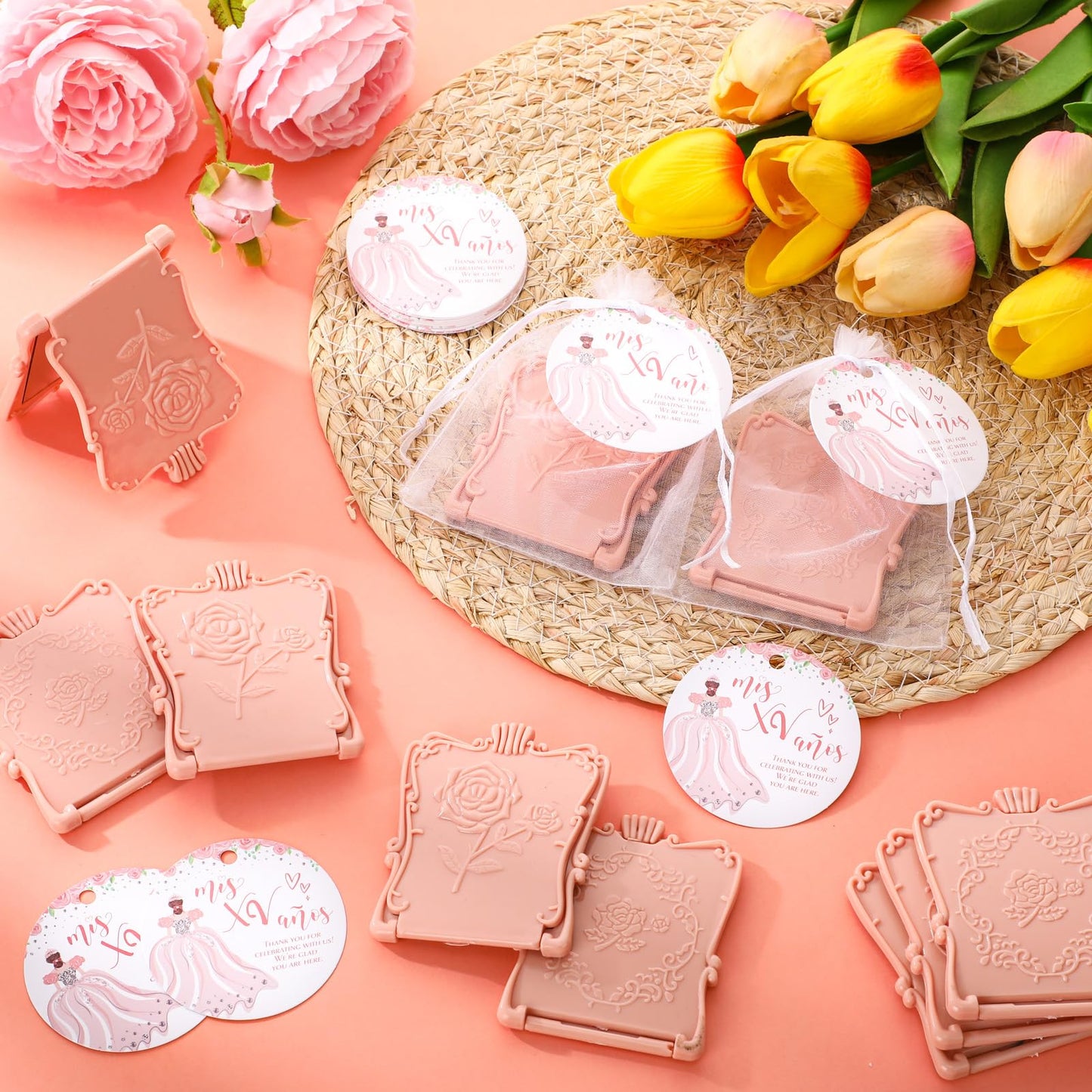Wenqik 50 Set Quinceanera Party Favors for Guests Include Rose Compact Mirror Quinceanera Card and Organza Bag Mis Xv Sweet 15th Birthday Party Favors (Champagne)