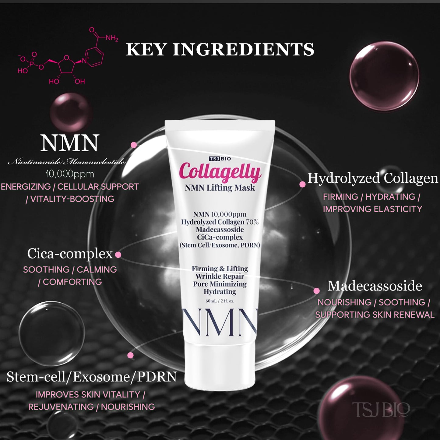 TSJ Bio NMN Collagelly Lifting Mask – 2.1 fl. Oz with 10,000ppm NMN, 70% Collagen, Exosome Complex - Exosomes for Skin Serum, Exosome, Stem Cell Peel-Off Face Mask for Anti-Aging, Firmness, Glow