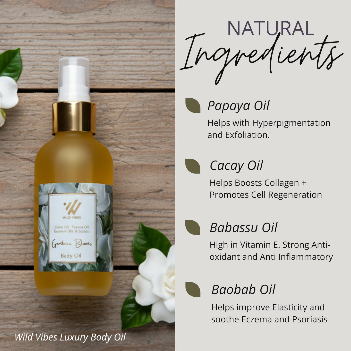 Wild Vibes Gardenia Body & Massage Oil with Gardenia EO - Hydrating Jojoba, Papaya Seed Oil, Vitamin E, Lupine Seed Extract for Collagen production – Nourishing Oil for all skin types 4oz
