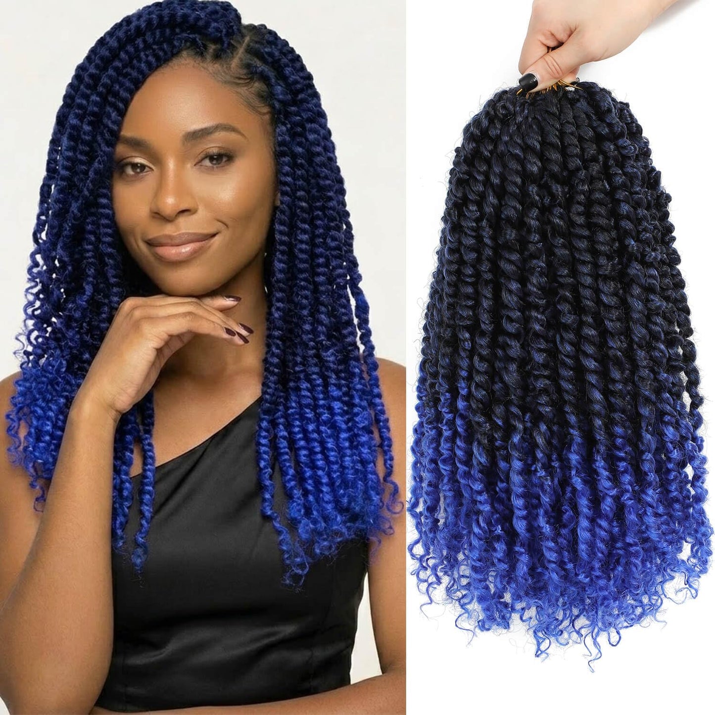 Bestlove Blue Pre-twisted Passion Twist Crochet Hair 14 Inch 8 Packs Pre-looped Bohemian Curly End Synthetic Braiding Hair Extensions, Low Temperature Soft Twist Braids for Black Women (T1B/Blue)