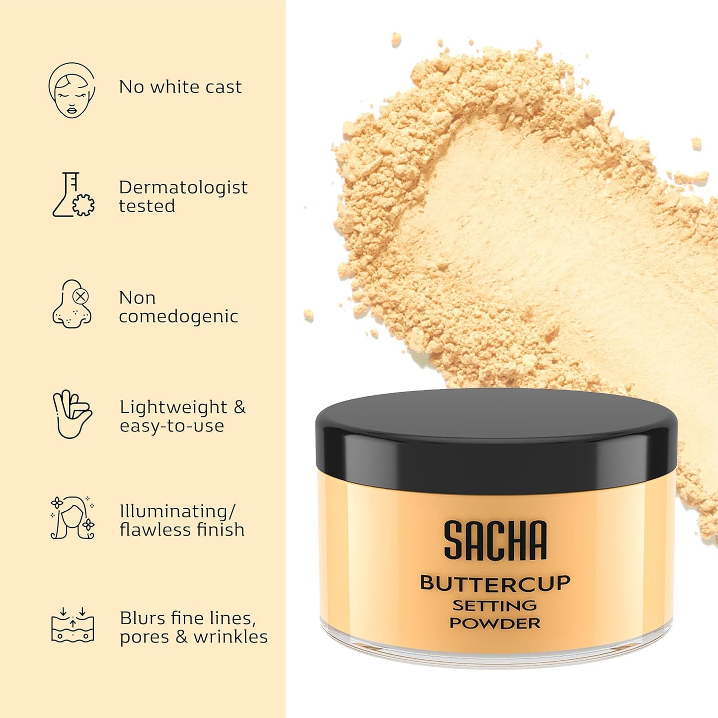 Sacha Buttercup Setting Powder - Translucent Loose Face Powder for Medium to Deep Skin Tones | Flashback-Resistant, Oil Control, Long-Wear (1.75 oz)